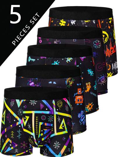 5pcs/Pack Men's Fashion Graffiti Printed Briefs, Graffiti Print Boxer Briefs, Comfortable & Fashionable Mid-Rise High Elasticity Underwear, Tech Style Pixelated Graffiti Pattern