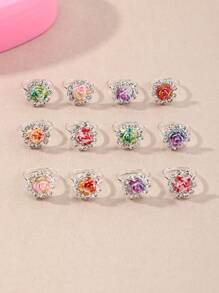 12pcs/Set Girls Rhinestone Flower, Heart, Geometric Design Rings Set