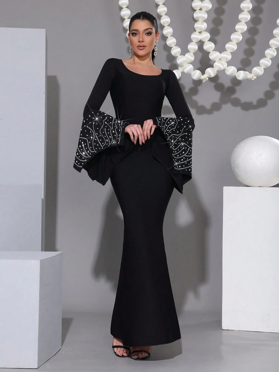 Modphy New Sexy Black Round Neck Flare Sleeve Heavily Embellished Rhinestone Mermaid Dress, Elegant Women Evening Gown For Party, Festival, Wedding Guest Dress, Formal Dress - Black - View 1