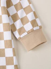 Baby Girl Boy Checkerboard Romper Round Neck Long Sleeve Full Length Zipper Jumpsuit For Fall - Khaki - View 4