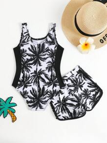 Young Girl Palm Tree Print One-Piece Swimsuit Set - Black - View 2