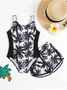 Young Girl Palm Tree Print One-Piece Swimsuit Set - Black - View 1