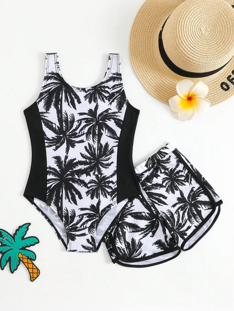 Young Girl Palm Tree Print One-Piece Swimsuit Set - Black - View 1