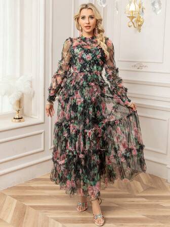Ruffle Heavy Mesh See-Through Print Waisted Puffy Swing Long Dress Design Dress