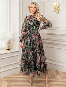 Ruffle Heavy Mesh See-Through Print Waisted Puffy Swing Long Dress Design Dress - Multicolor - View 5