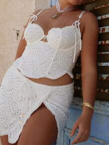Y2K Women Skirt Set, Flower Tie-Up Camisole With Mini Slit Skirt Summer Outfit For Party Club Set 2 Pieces - White - View 4