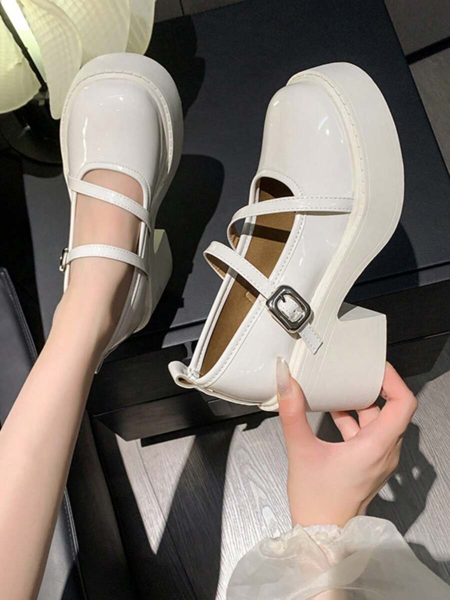 2025新款夏季黑色厚底百搭小皮玛丽珍厚底牛津鞋，经典复古风格，女士乐福鞋 - 白色 - 查看 1