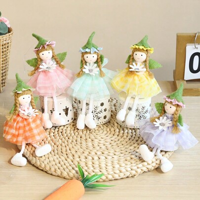 1pc 16cm Spring Flower Fairy Angel Hanging Decoration With Green Flower Hat And Pink Yellow Purple Tulle Skirt Easter Fairy Hanging Ornament Statue For Home Spring Birthday Easter Party Decor