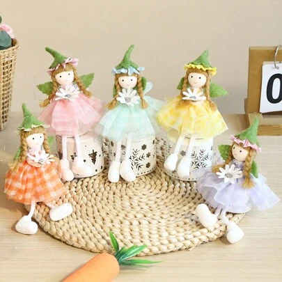 1pc 16cm Spring Flower Fairy Angel Hanging Decoration With Green Flower Hat And Pink Yellow Purple Tulle Skirt Easter Fairy Hanging Ornament Statue For Home Spring Birthday Easter Party Decor