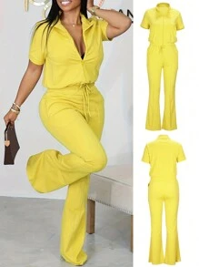 女士纯色简约短袖上衣和喇叭裤休闲套装，商务休闲装，秋季女装