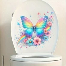1 pieza Pegatinas de asiento de inodoro con mariposa colorida, decoración autoadhesiva de superficie cerámica con estampado animal, decoración desechable de baño con tema de mariposa y floral, tratamiento de superficie semibrillante, adecuado para decoración del hogar