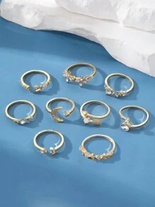 9pcs Water Drop Diamond Star Moon Ring Set - Yellow Gold - View 3