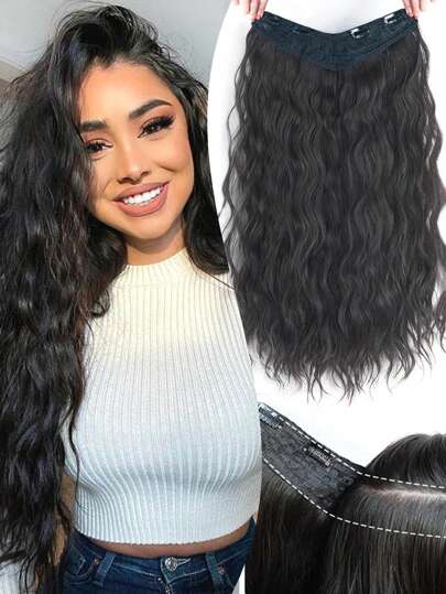 Extensão de cabelo sintético longo ondulado em formato de V de 26 polegadas, peruca em camadas, almofada de cabelo, parte superior fofa, aumenta o volume do cabelo, extensões de peruca de cabelo sintético, prendedor de cabelo, peruca em formato de V, meia peruca, extensão ondulada natural, fios falsos em grampos de cabelo femininos