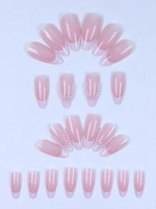 24pcs Instantly Upgrade Your Look With Long Almond Fake Nails,French White Edge Design Fake Nails,White Pearls Covered The Nails Glitter,1pc Nail File & 1Nail Glue Sticker Kit Nails For Girl Mother Women Gift ,Whitening Nail Art Set With Detachable Fake Nails For Festival, Party, Date And Daily Wear Press On Nails