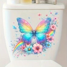 1 pieza Pegatinas de asiento de inodoro con mariposa colorida, decoración autoadhesiva de superficie cerámica con estampado animal, decoración desechable de baño con tema de mariposa y floral, tratamiento de superficie semibrillante, adecuado para decoración del hogar