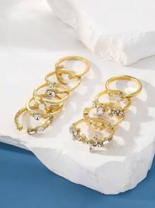 9pcs Water Drop Diamond Star Moon Ring Set - Yellow Gold - View 5