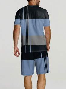 2pcs/Set Men Summer Casual Suit, Colorblock Short Sleeve Crew Neck T-Shirt & Drawstring Shorts Set, Beach/Sports/Exercise Outfit, Plus Size - Blue - View 2