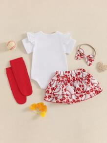Baby Girls Summer Outfits Short Sleeve Letter Romper With Baseball Print Skorts And Headband And Socks Set - White - View 2