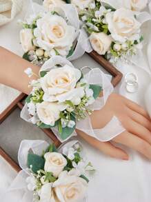 1 Peça Corsage de Pulso para Noiva, Dama de Honra, Decoração de Casamento, Elegante Pulseira com Pérolas, Grande Corsage de Rosa para Garotas, Mulheres, Mãe do Noivo, Chá de Panela, Baile de Formatura, Aniversário, Formatura