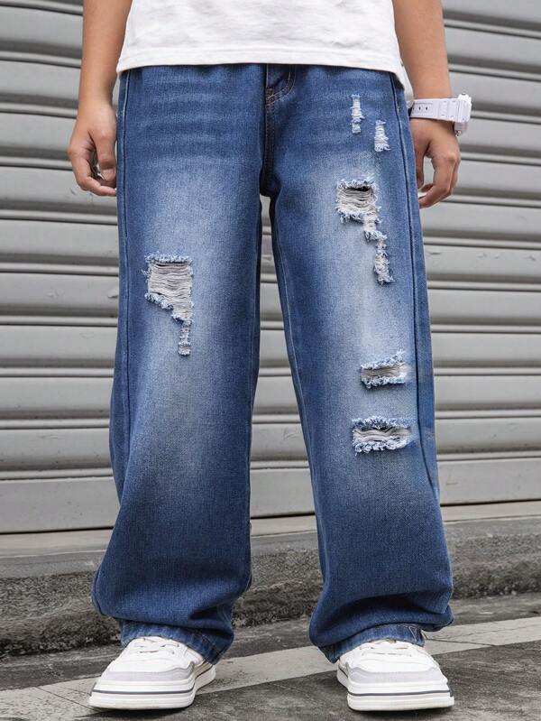 Jeans rasgado para meninos, calças jeans casuais soltas de perna reta para adolescentes e pré-adolescentes