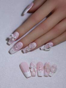 3D 心形蝴蝶结指甲饰淡粉色手工指甲甜美可爱美甲设计 100% 手工制作按压指甲 10 片棺材色中长指甲片指甲可重复使用假指甲适合四季美甲设计礼物送给女孩的美甲用品指甲