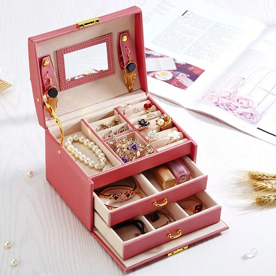KYPHIREL Valentine's Day Travel Best-Seller 1pc Artificial PU Leather 3-Layer Drawer Jewelry Box, Luxury Earring & Jewelry Storage Box With Lock For Studs, Earrings And Jewelry