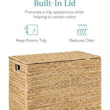 Best Choice Products Large Double Laundry Hamper With Lid, Natural Handwoven Water Hyacinth, 2 Sections W/ 2 Machine Washable Linen Liner Bags, Portable, Handles - Natural