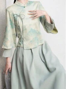 Parte superior de cheongsam estilo tradicional chino en tejido de terciopelo con diseño de ciervos - Verde Oliva - Ver 3