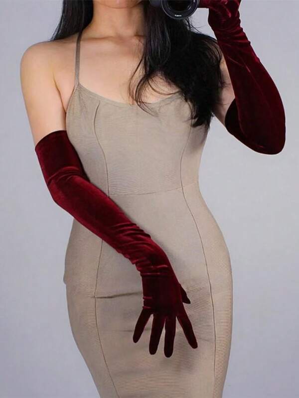 1 Pair Velvet Long Formal Gloves, Burgundy Color, Polyester Fiber, Suitable For Wedding Dress, Costume Accessory, All Seasons
