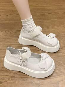 2025 时尚甜美洛丽塔风格玛丽珍蝴蝶结装饰亮面皮革休闲平底鞋 - 白色 - 查看 5