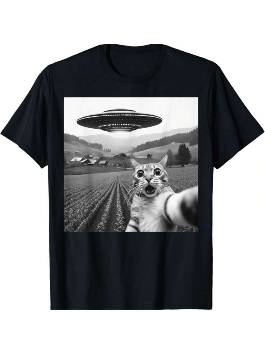 Mèo tự sướng với người ngoài hành tinh UFO Quà tặng mèo vui nhộn cho nam Áo phông Quà tặng Giáng sinh cho thanh thiếu niên Bé trai Nam Gia đình YYQ 180g - màu đen - Xem 1