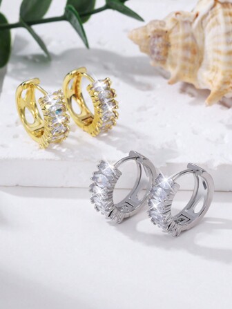 1 Pair Elegant & Fashionable Zirconia Copper Hoop Earrings, Suitable For Daily And Dating Wear