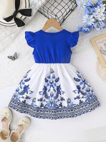 Sukienka dziewczęca z krótkim rękawem i okrągłym dekoltem, z kokardą i nadrukiem w stylu patchworkowym, modna na zewnątrz, na lato