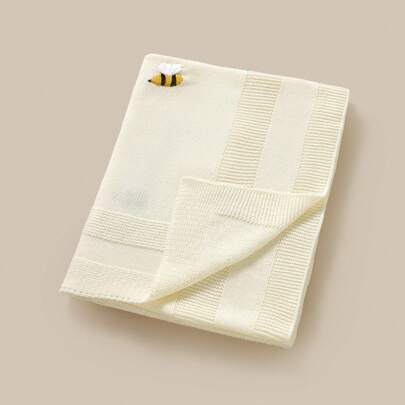 1 st Söt Honeybee Broderi Stickad Filt, Casual Minimalist Style Baby Throw Filt, All Season