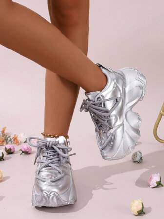 Women's Metallic Round Toe Thick Sole Chunky Sneakers, Solid Color Shock-Absorbing Chunky Platform Shoes For All Seasons