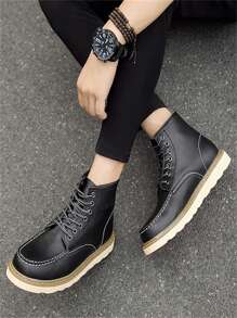 Giày bốt cổ cao cho nam, giày da chất lượng cao, giày thể thao ngoài trời thời trang, giày bốt cổ cao buộc dây cho nam có đế chống trượt - màu đen - Xem 4