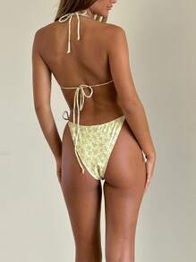 Women 2 Pieces Bikini Swimsuits Floral Print Tie-Up Halter Neck Padded Bra Thong Bottoms Beach Bathing Suit Set - Yellow - View 2