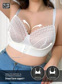 Plus Size Women Front Closure Lace Wireless Padded Bra - White - View 5