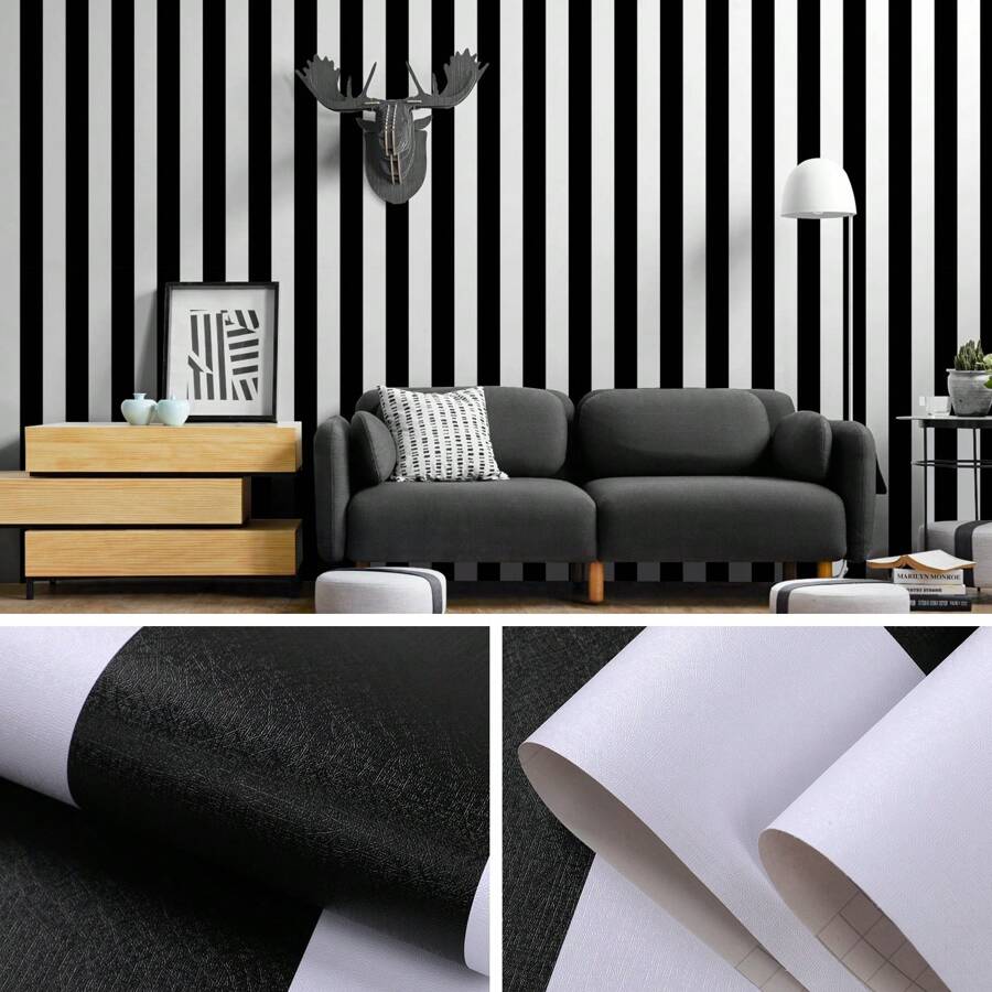 1 rouleau de papier peint amovible adhésif noir et blanc/rose et blanc rayé, en vinyle - résistant à l'eau, anti-moisissure, style moderne convenant pour la chambre, le salon, la salle à manger, le bureau à domicile, le renouvellement de meubles