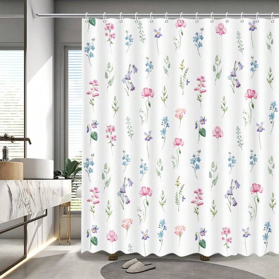 1pc Watercolor Floral Shower Curtain, Pink & Blue Flower Pattern, Minimalist Greenery Bathroom Decor, Waterproof Shower Curtain, Home Decor, Bathroom Accessories, Translucent, Suitable For All Seasons, Essential For Back To School