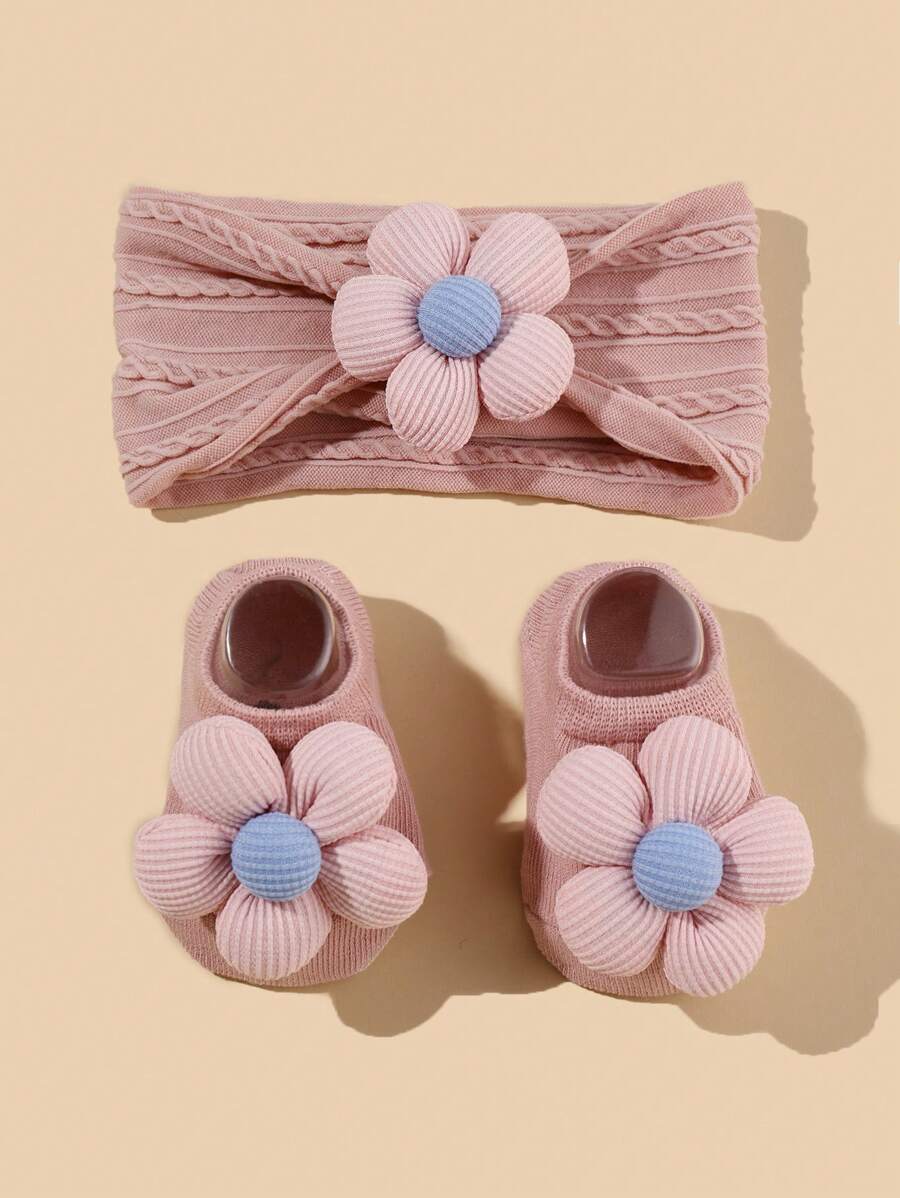 1 set Bandeau élastique en nylon et chaussettes avec décor floral pour bébé/tout-petit - HB134 vieux rose - Voir 1