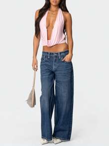 Women's Halter Neck Cami Tops Sleeveless Open Back Deep V Neck Slim Fit Tank Tops - Pink - View 5