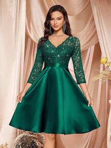 MIUSOL Sequin Floral Lace Contrast Satin V-Neck 3/4 Sleeve Swing Dress, Wedding Guest Dress, Semi-Formal Party Dress, A-Line Skirt - Dark Green - View 2