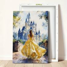 Wrapped Framed Canvas Vintage Wall Art Elegant Woman In Yellow Dress At Castle – Artful Home Decor For Living Room, Bedroom, Bathroom, Office