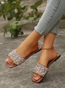 Plus Size Women's Shoes, New Spring/Summer White Square Toe Flat Sandals To Pair With Dresses, Fashionable Rhinestone Ornament Strap Slides, Summer Beach Slippers, Anti-Slip Indoor Slippers, Girl's Plastic Sandals - Brown. - View 3