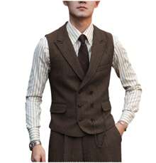 Mens Herringbone Tweed Suit 3 Piece Suit Two Buttons Wool Suits 1920's Themed Wedding Suit - 咖啡 - 查看 2