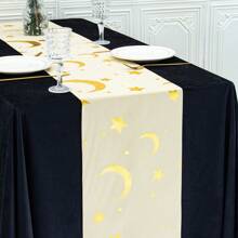 1pc Gold Linen 28*275cm Table Runner, Decorated With Lanterns, Crescent Moon, Gold Stars, Mosque, Greetings, Suitable For Home, Dinner Party, Festival Celebration - Solid Color - View 8