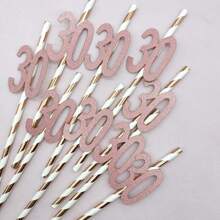 10pcs Paper Straws With 18, 21, 30, 40, 50, 60, 70, 80 Number Design In Gold & Rose Gold Color, Cake Decor For Birthday Party