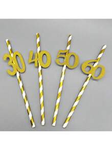 10pcs Paper Straws With 18, 21, 30, 40, 50, 60, 70, 80 Number Design In Gold & Rose Gold Color, Cake Decor For Birthday Party
