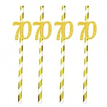 10pcs Paper Straws With 18, 21, 30, 40, 50, 60, 70, 80 Number Design In Gold & Rose Gold Color, Cake Decor For Birthday Party